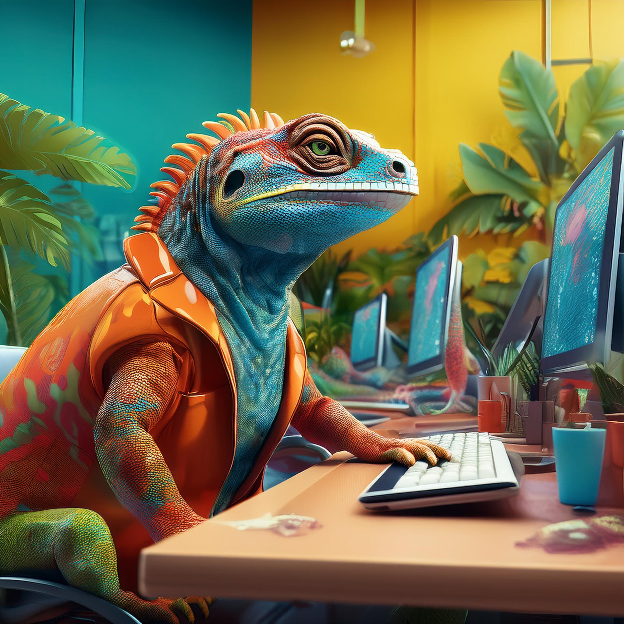 A lizard vibing in their leather jacket while working on software development.